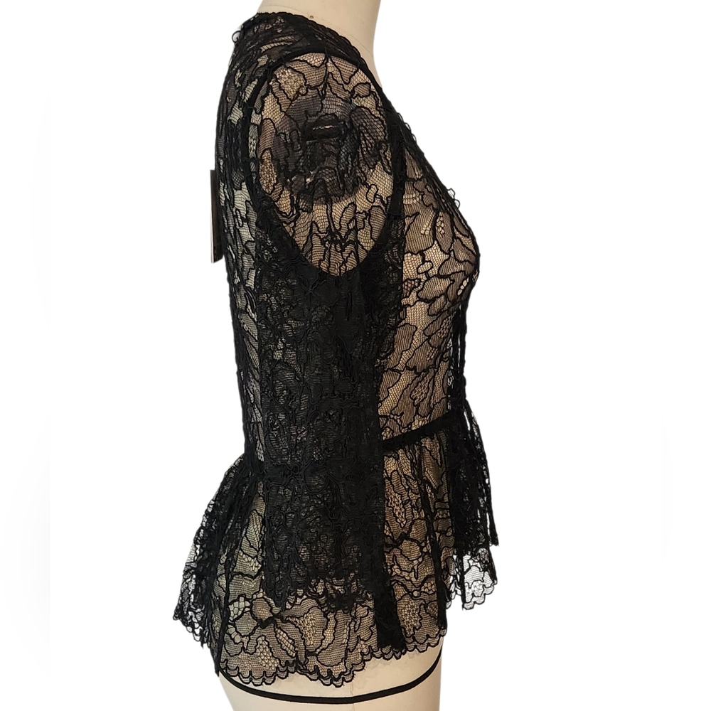 GANNI Light Floral Lace V-neck Sheer Peplum Top Black Blouse Ruffle 36 (US 4 S) - Picture 9 of 16